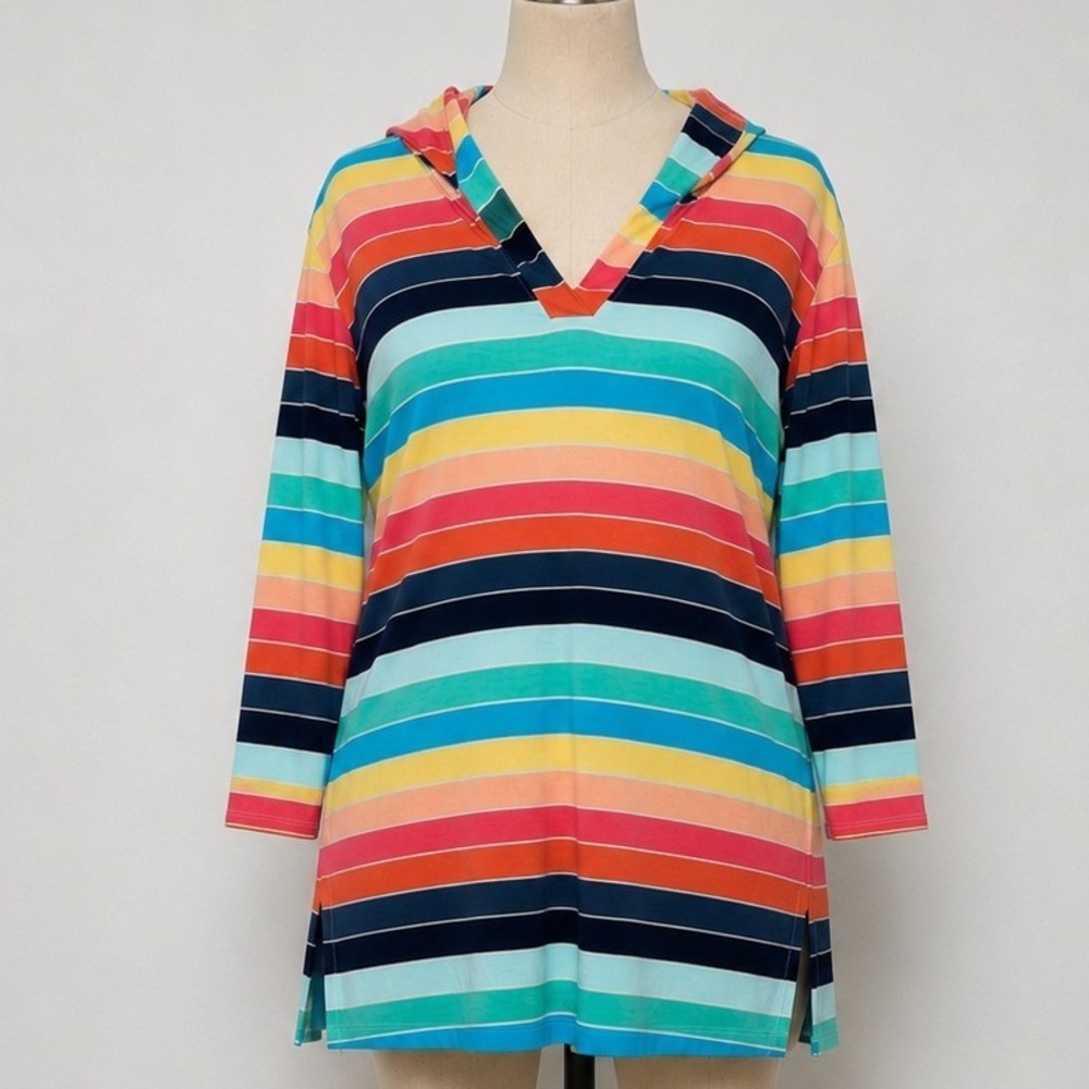 Lands End 1X Multi Rainbow Striped Hooded Cotton Jersey Tunic Beach Cover-up